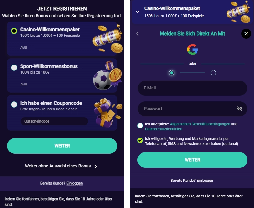 SpinPlatinum Anmeldung mit Bonusauswahl und Kontoregistrierung