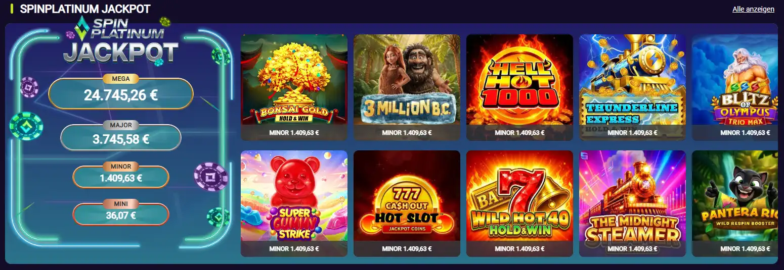 SpinPlatinum Jackpot mit Mega-, Major-, Minor- und Mini-Gewinnen