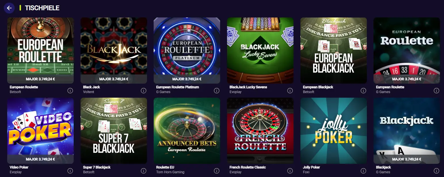SpinPlatinum Tischspiele mit Roulette, Blackjack und Video Poker