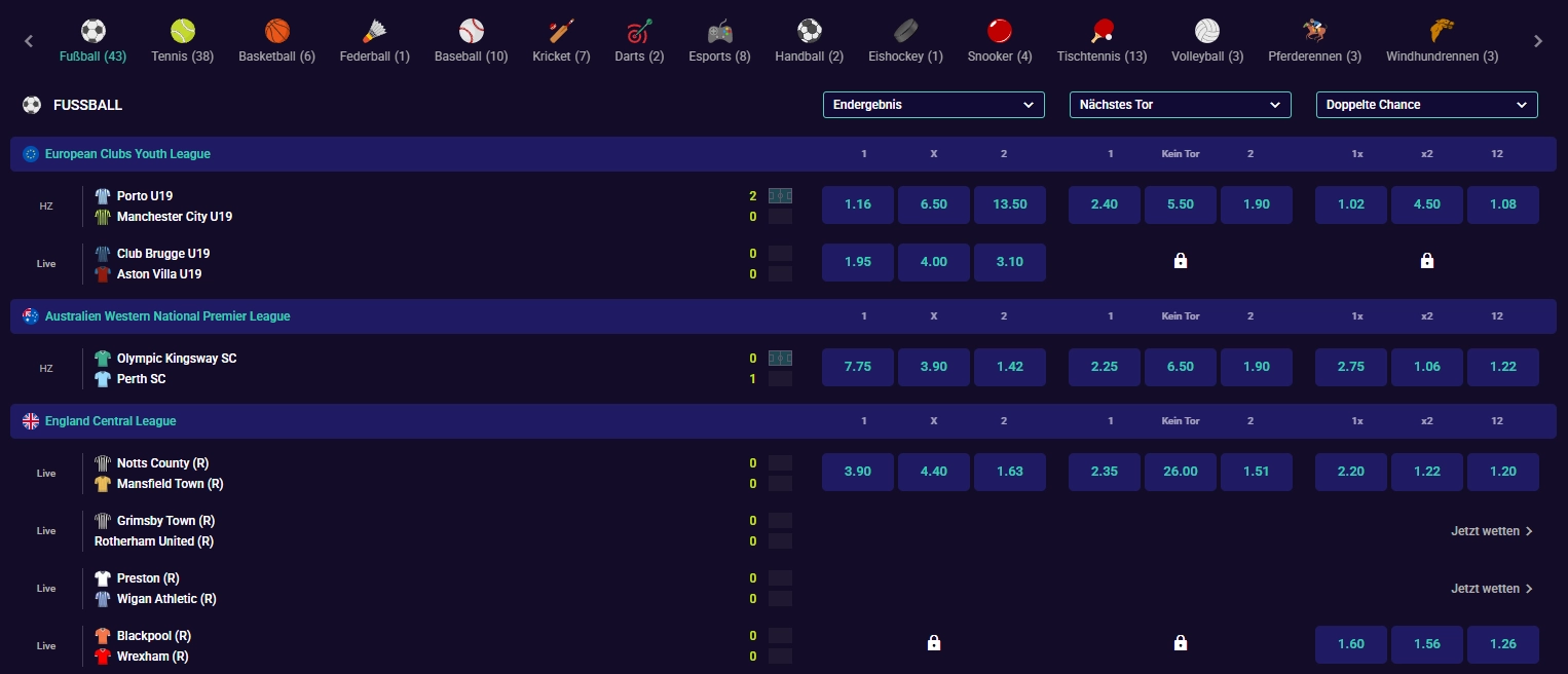 SpinPlatinum Sportwetten mit Fußball, Tennis und weiteren Sportarten