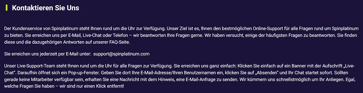 SpinPlatinum Casino Kundensupport